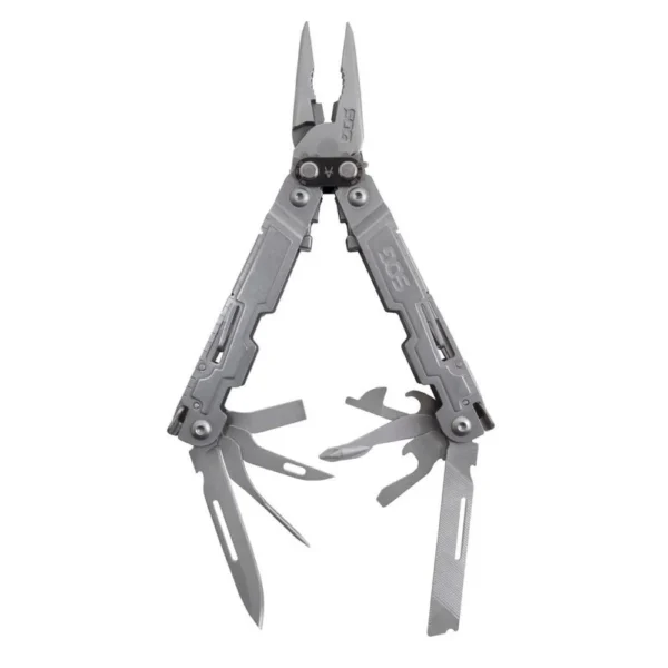 SOG Poweraccess Multi-Tool, silver multi-tool open with pliers, blades and tools extended