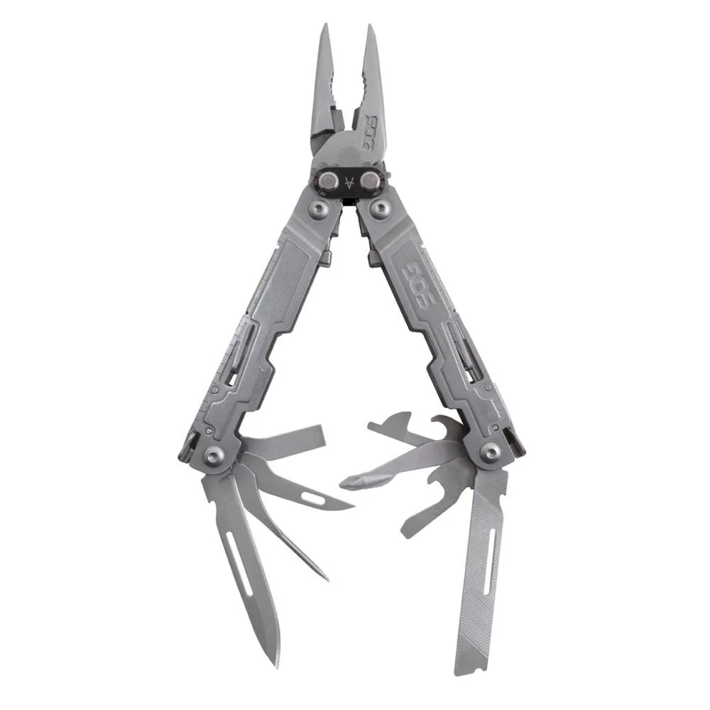 primary-39063 SOG Poweraccess Multi-Tool, silver multi-tool open with pliers, blades and tools extended