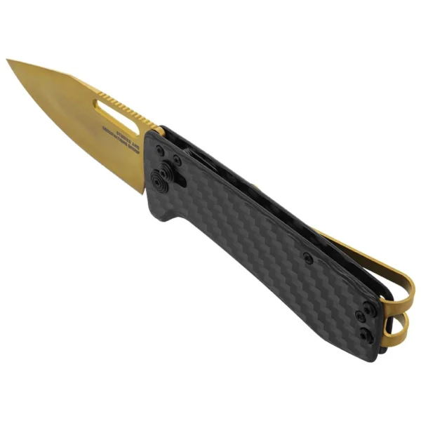 SOG Ultra XR Knife, open side view with gold blade, black handle and gold pocket clip