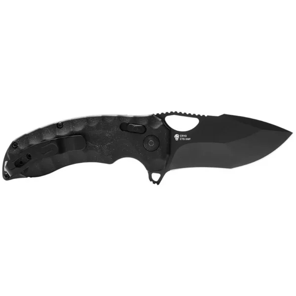 SOG Kiku XR Folding Knife, open right-side view with black tanto blade and textured handle
