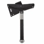SOG Voodoo Hawk Mini Ax, black handle and blade covered by a black sheath, front view