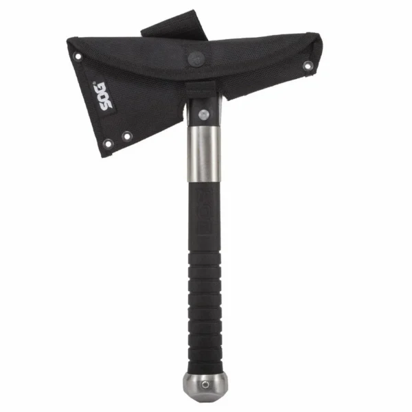 SOG Voodoo Hawk Mini Ax, black handle and blade covered by a black sheath, front view
