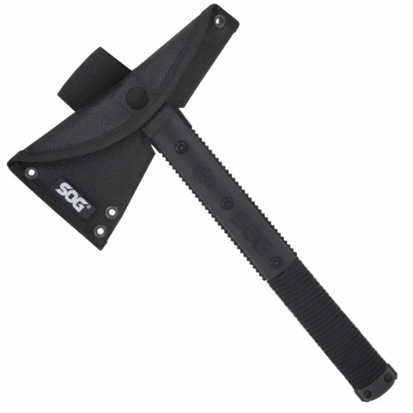 SOG Survival Hawk Ax, black ax with textured handle and black blade sheath, side view