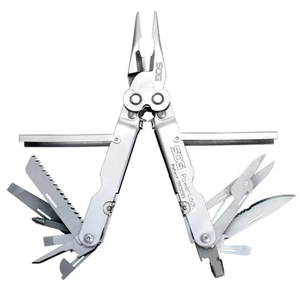 SOG Powerlock Scissors Multi-Tool, open front view with silver pliers and multiple tools extended