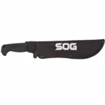 SOG SOGfari Tanto Machete in black sheath, side view with black handle and white SOG logo
