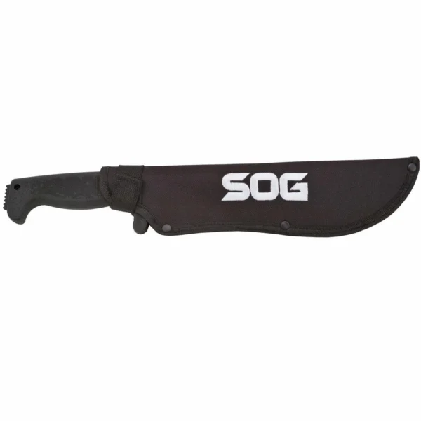 SOG SOGfari Tanto Machete in black sheath, side view with black handle and white SOG logo