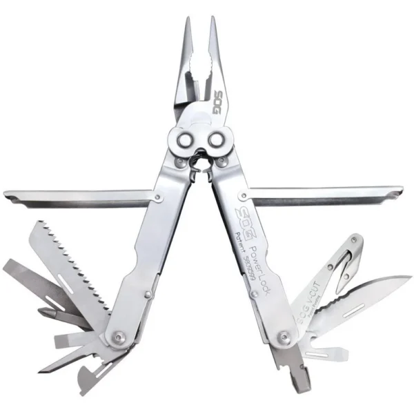SOG Powerlock with V Cutter Multi-Tool, open silver tool with pliers and implements extended