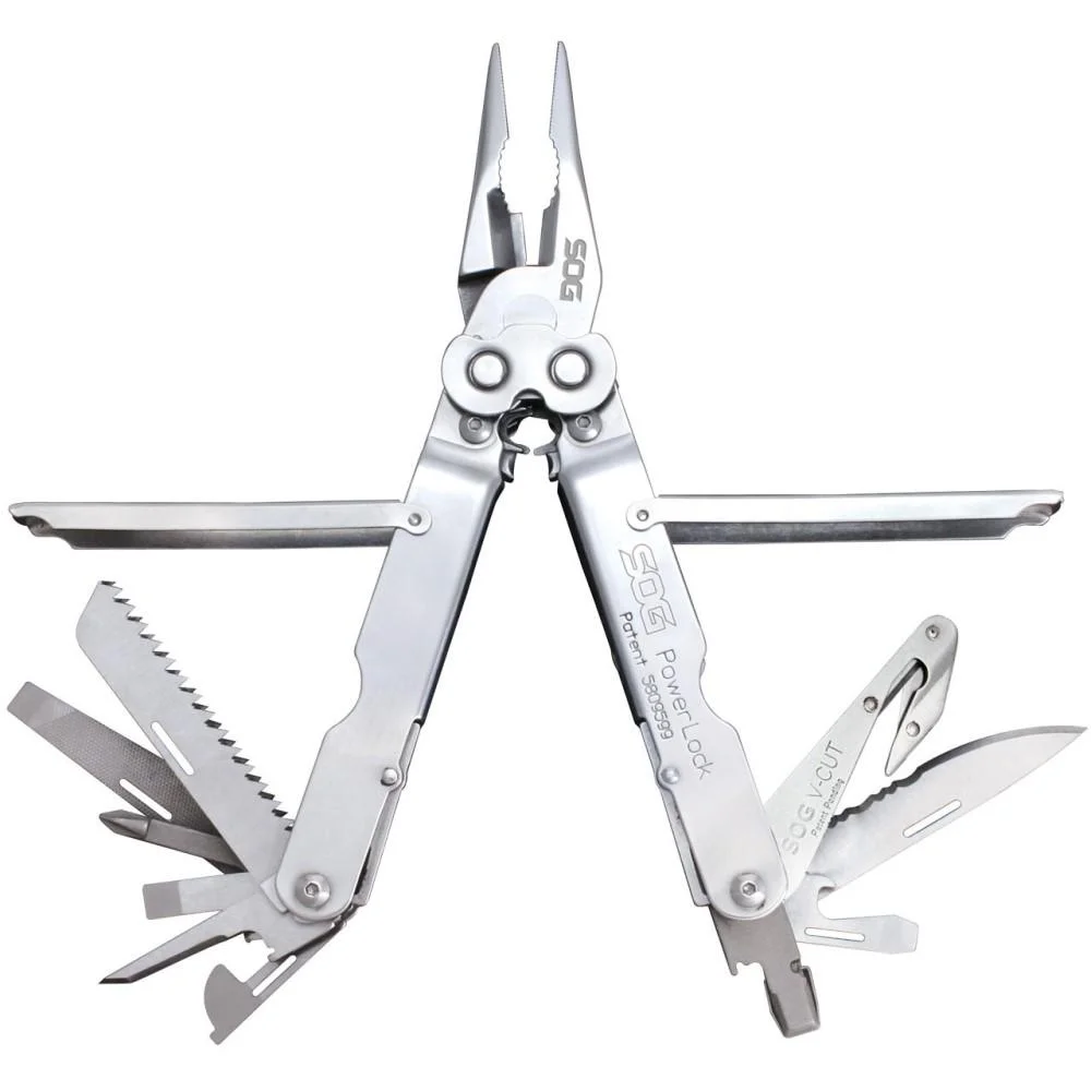 primary-39074 SOG Powerlock with V Cutter Multi-Tool, open silver tool with pliers and implements extended
