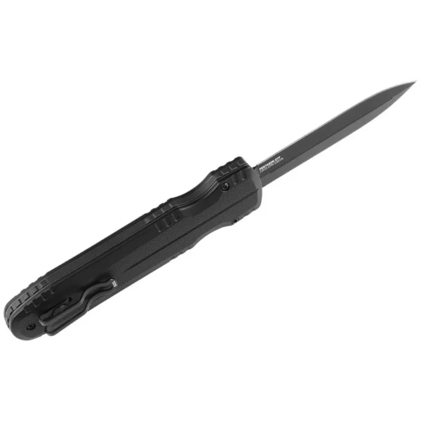 SOG Pentagon OTF Blackout Knife, open angled view with black handle and dark pointed blade