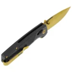 SOG Terminus XR LTE Folding Knife, open black handle with gold blade, angled side view