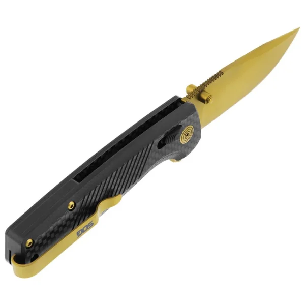 SOG Terminus XR LTE Folding Knife, open black handle with gold blade, angled side view