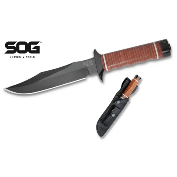 SOG Bowie 2.0 Knife, black fixed blade with brown handle shown beside a black sheath