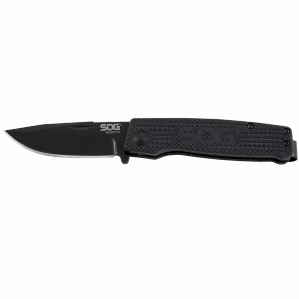 SOG Terminus Folding Knife, open left-side view with black blade and textured black handle
