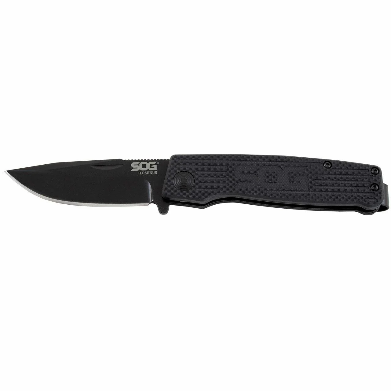 primary-39083 SOG Terminus Folding Knife, open left-side view with black blade and textured black handle