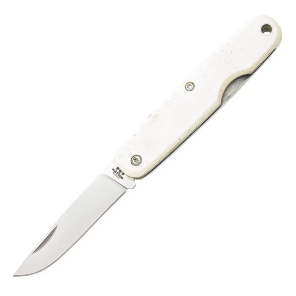 Bear & Son Execute folding knife, open angled view with white handle and silver drop-point blade
