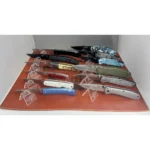 Bear & Son EDC 12 Knife Assortment Display, assorted folding knives arranged on orange stand