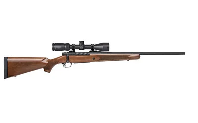 Mossberg Patriot, right-side view with brown wood stock, black barrel, bolt action and mounted scope