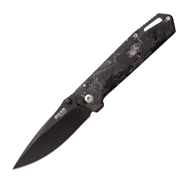 Bear & Son Brisk 3.0 Medium Folding Knife, open with black blade and midnight camo handle