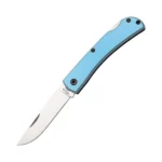 Bear & Son Locking Farmhand Folding Knife, open side view with blue handle and silver blade