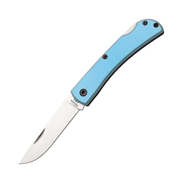 Bear & Son Locking Farmhand Folding Knife, open side view with blue handle and silver blade