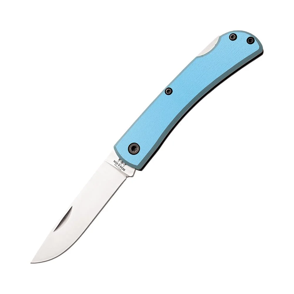 primary-39093 Bear & Son Locking Farmhand Folding Knife, open side view with blue handle and silver blade