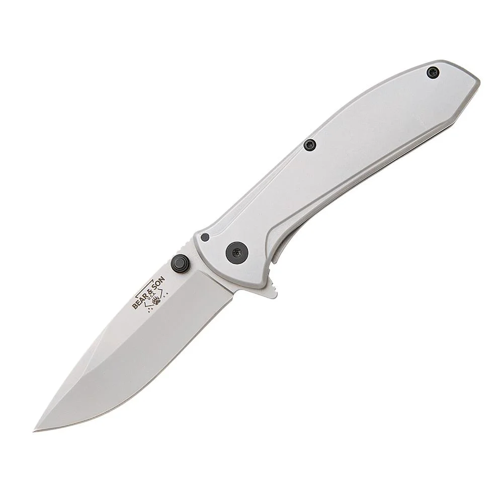 primary-39094 Bear & Son Framelock Assisted Opener folding knife, open side view with silver handle and blade