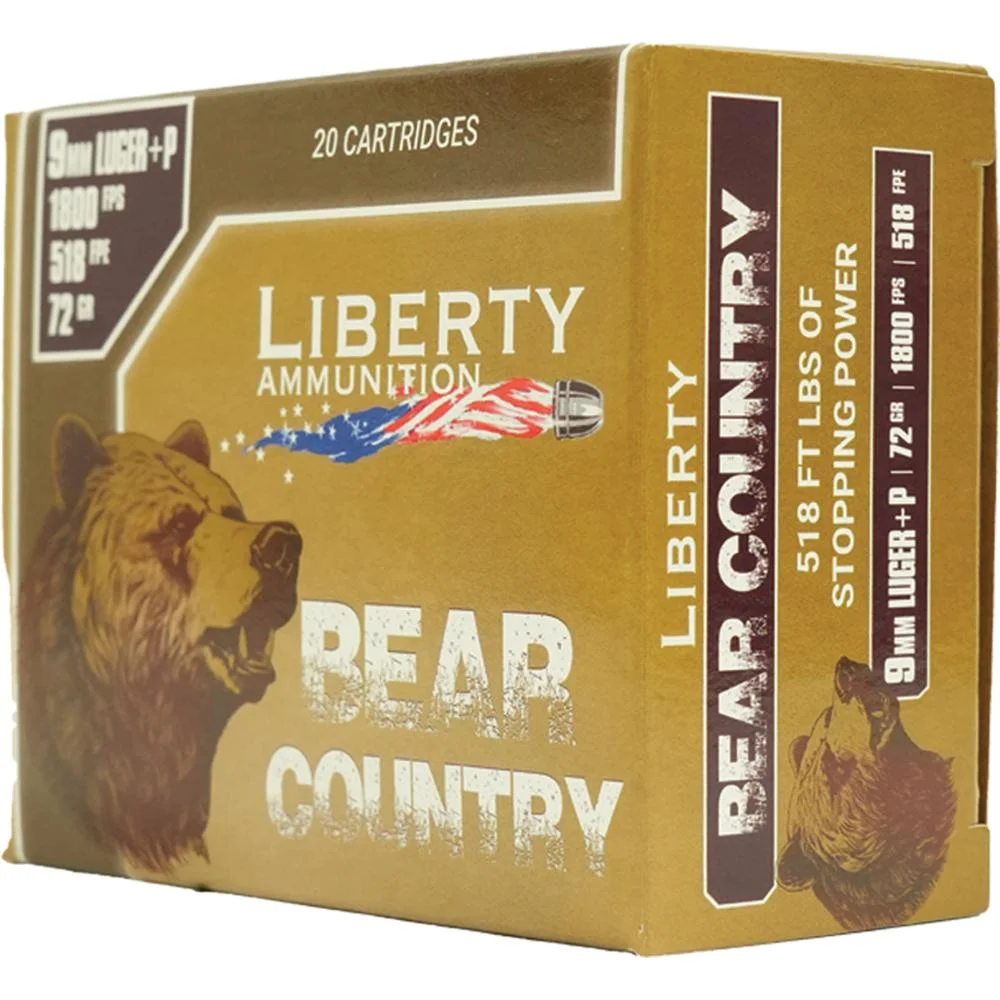 primary-39096 Liberty Bear Country handgun ammunition, gold and brown retail box, angled front view