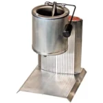 Lee Production Pot IV Melter, silver metal melting pot with handle and base, front view