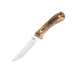 Bear & Son Bird & Trout Fixed Knife, right-side view with silver blade and stag-pattern handle