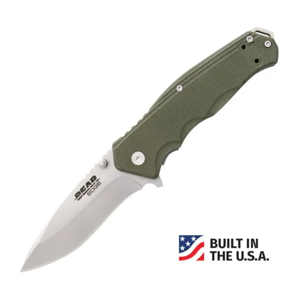 Bear & Son G10 Sideliner Folding Knife open with OD green handle and silver drop point blade