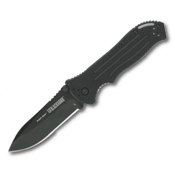 Bear & Son Blackhawk Point Man Sideliner Folding Knife, black open side view with drop-point blade