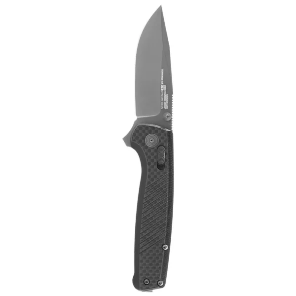 SOG Terminus XR LTE Folding Knife, open side view with grey blade and black textured handle