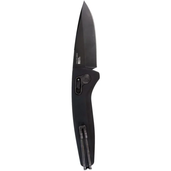 SOG Knives One Zero AU, open black folding knife with pointed blade