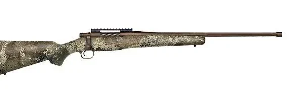 Mossberg Patriot Predator Rifle, right-side view with camouflage stock and dark barrel
