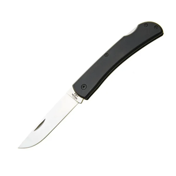 Bear & Son Large Locking Farmhand folding knife, open side view with black handle and silver blade