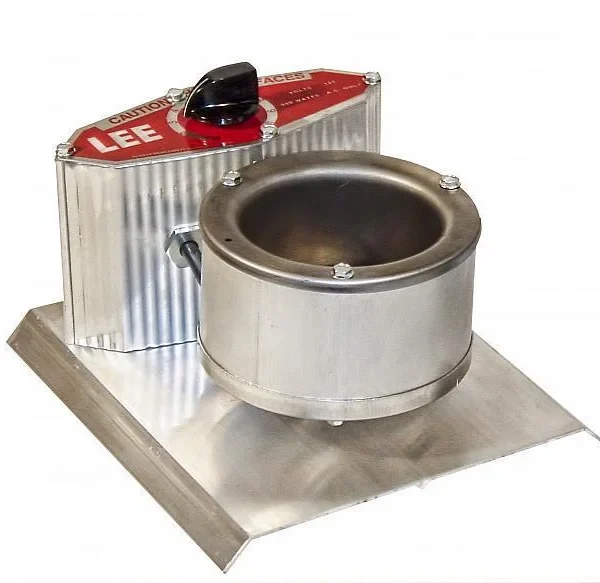 Lee Precision High Speed Melter, angled front view with silver pot, base and control dial