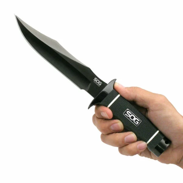 SOG Tech Bowie Knife black angled view with clip-point blade, guard and textured handle