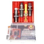 Lee Steel 3-Die Set, three silver dies and yellow tool in an open red plastic case