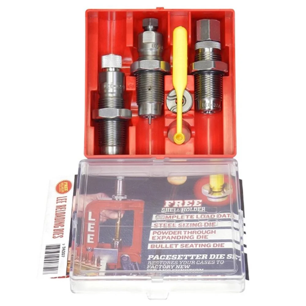 primary-39244 Lee Steel 3-Die Set, three silver dies and yellow tool in an open red plastic case