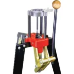 Lee Classic Turret Press, front angled view with red turret, black frame and wood handle knob