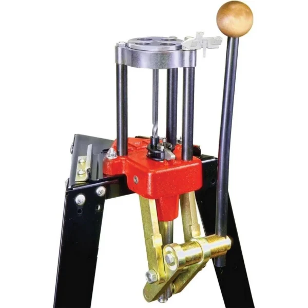 Lee Classic Turret Press, front angled view with red turret, black frame and wood handle knob