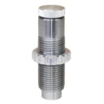 Lee Factory Pistol Crimp Die, silver metal die upright with threaded body and knurled rings