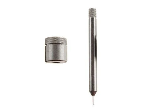 Lee Decapper & Base, silver decapping rod and cylindrical base shown separately