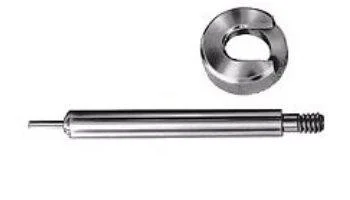 Lee Case Length Gage and Shell Holder, silver gauge pin and round shell holder on white