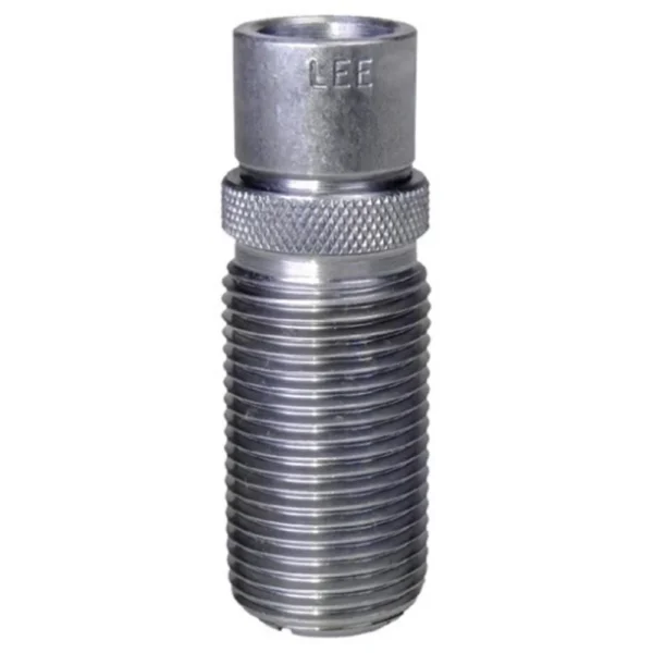 Lee Precision Quick Trim Pistol Die, silver threaded die upright with knurled collar
