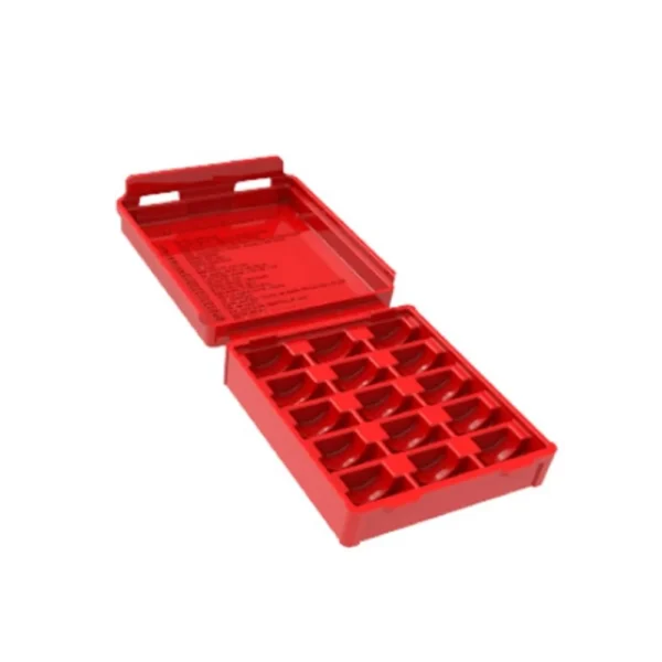 Lee Shell Holder Box red plastic case shown open with empty divided compartments