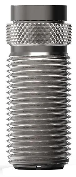 Lee Precision Quick Trim Pistol Die, silver threaded die with knurled collar, front view