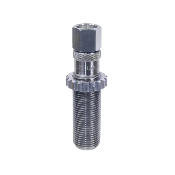 Lee Long Charging Die, silver upright view with threaded body, hex top and adjustment ring