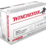 Winchester Ammunition WIN USA 30 CARB, white ammunition box in angled front view