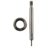 Lee Case Length Gage and Shell Holder, silver gauge pin beside round black shell holder